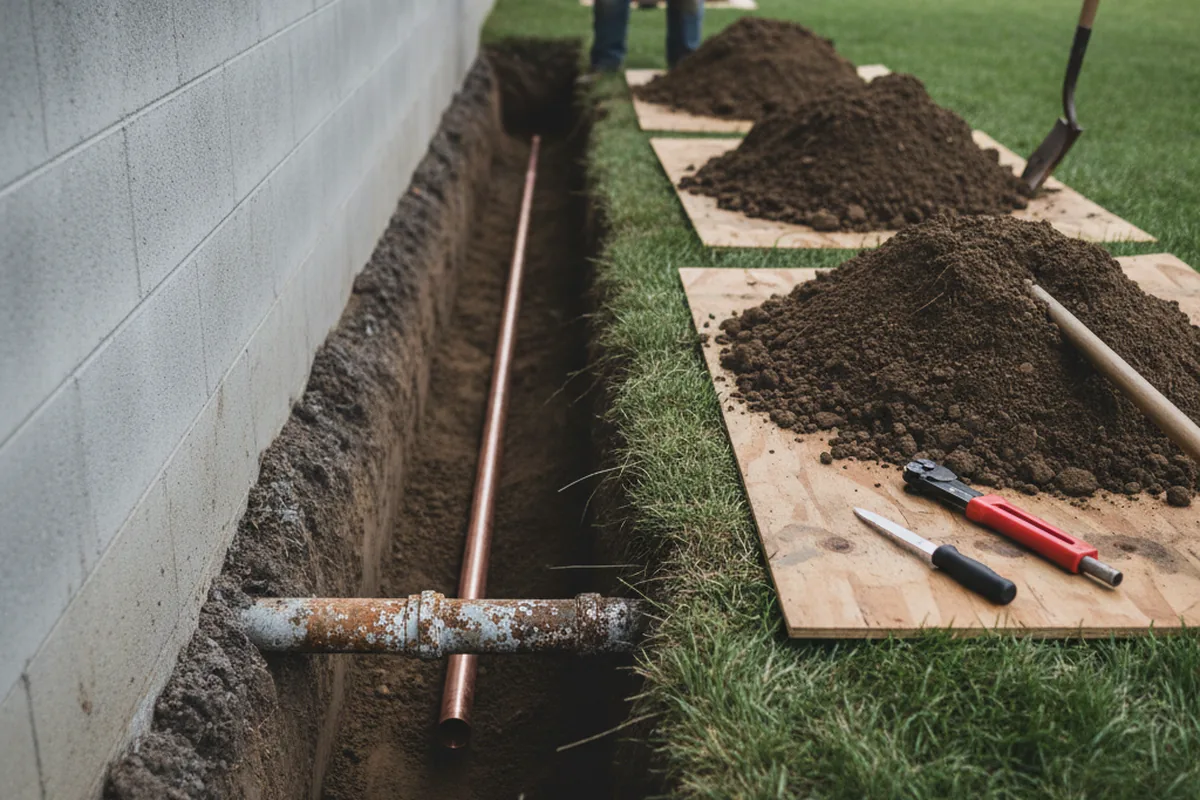 Excavated water line trench during Water Heater Repair in Elk